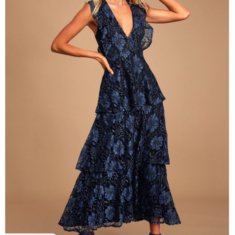 Molinetto Navy Blue Lace Ruffled Tier Sleeveless Maxi Dress